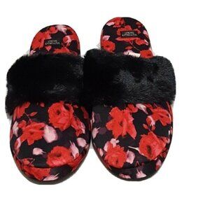 Victoria's Secret Satin Floral Faux Fur Cozy Slides Slippers + Dust Bag Size M